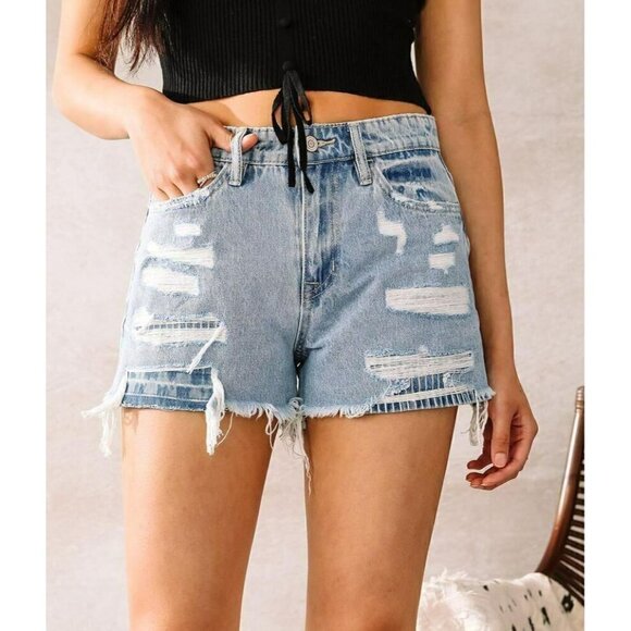 Flying monkey Womens Destruct Denim High Rise Frayed Hem Shorts Size 25, 27 - Picture 5 of 12